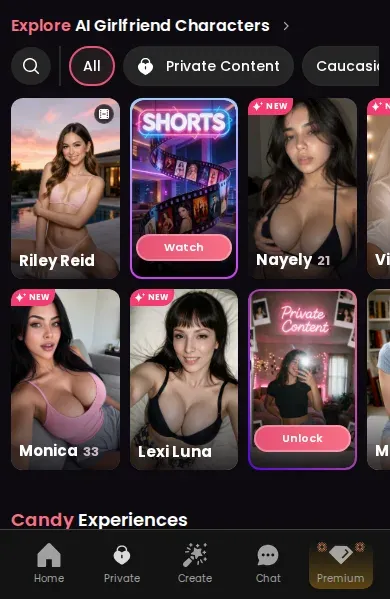 Candy AI on a phone, with the bottom bar Home, Private, Create, Chat, Premium