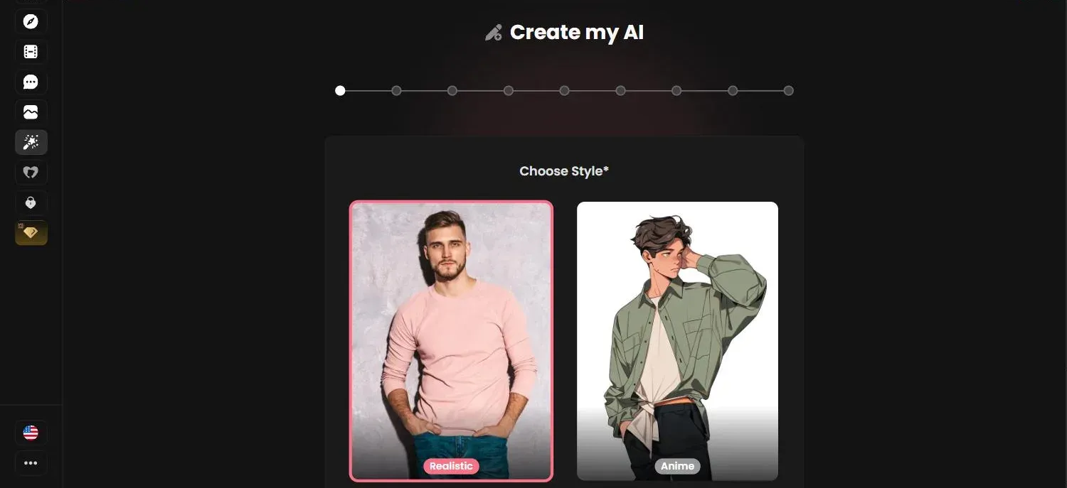Candy AI character creator, first step: choose a realistic or anime style