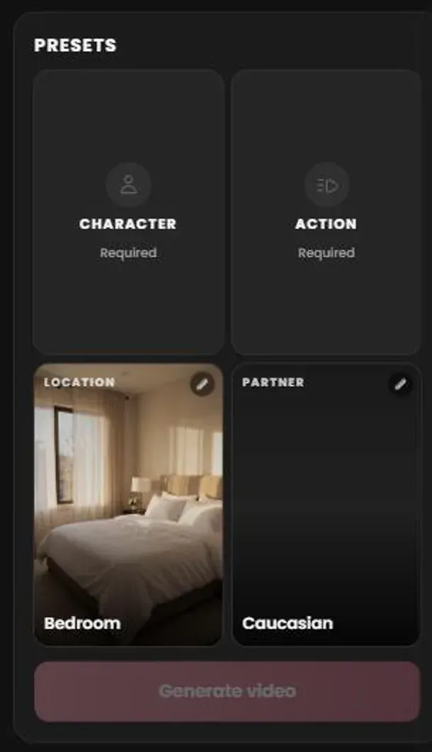 Candy AI Create video studio presets: character, action, location, partner